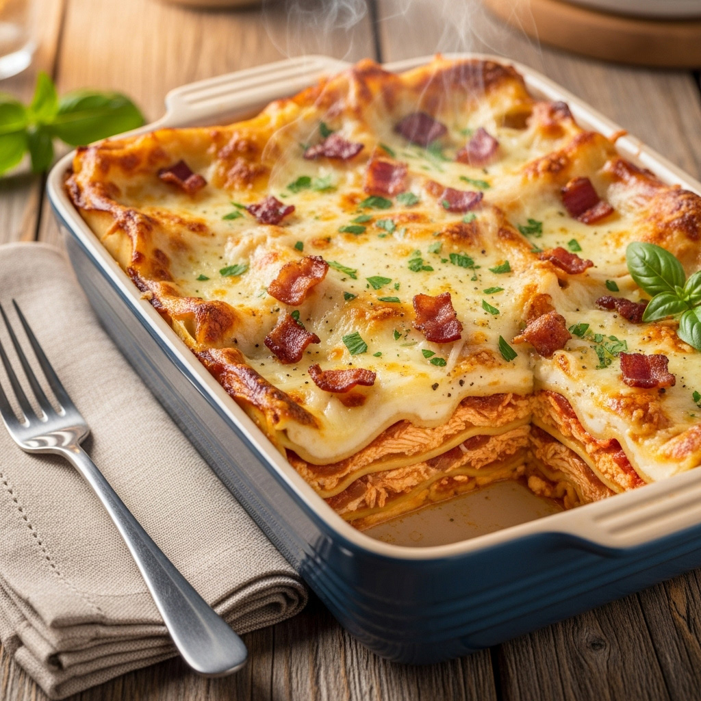 Vista de lasaña de pollo con tocineta en un molde para horno, acompañada de una servilleta de tela, algunas hojas de albahaca y un tenedor sobre una superficie de madera