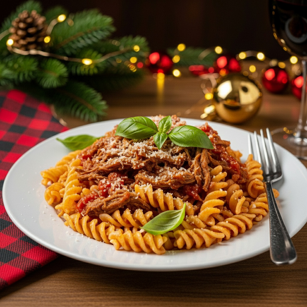 Vista de un plato de pasta tipo tornillos con carne desmechada, acompañado de una hojas de albahaca. Al fondo se aprecia decoración navidela, una servilleta de tela a cuadros rojos y negros y sobre el plato, un tenedor.