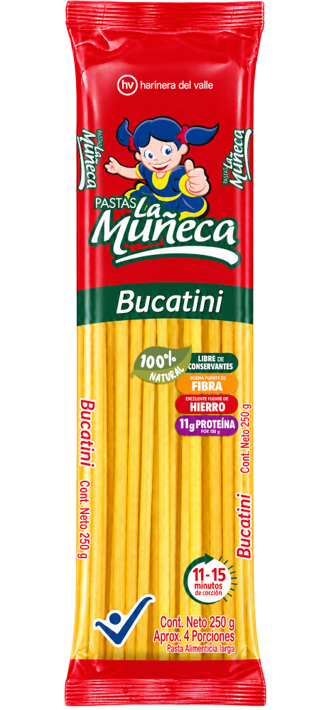 Empaque de Bucatini Pastas La Muñeca en presentación de 250 g